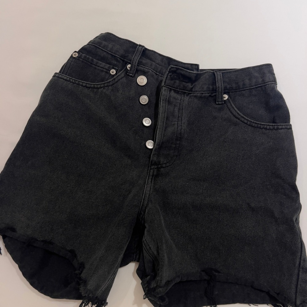 Washed Black High Waisted Criss Cross Asymmetrical Button Fly Denim Shorts